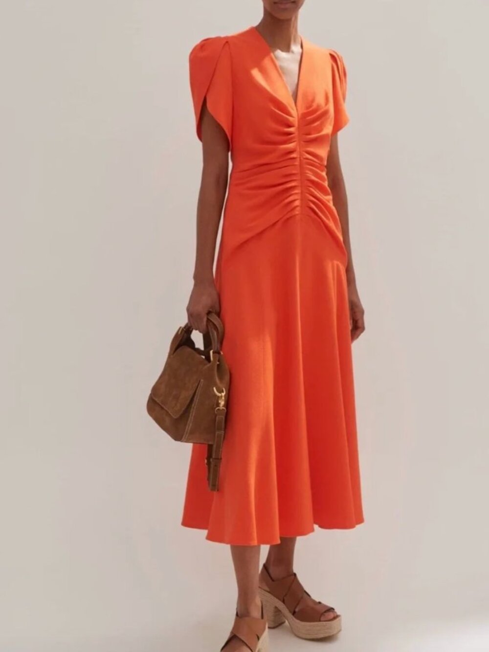 Me + Em Textured Pleat Front Midi Dress - ruched red/orange - EUC